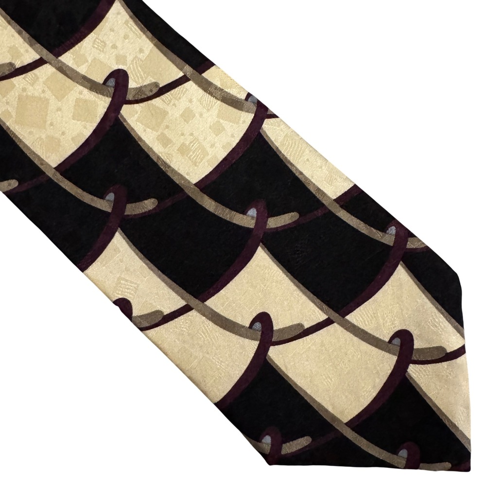 Ziggurat Mens Silk Necktie Geometric Abstract Black Cream Purple Vintage USA Tie